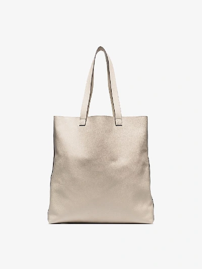 Shop Gucci White Logo Print Leather Tote Bag