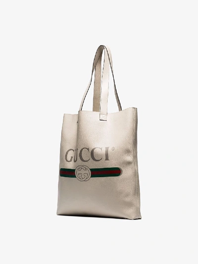 Shop Gucci White Logo Print Leather Tote Bag