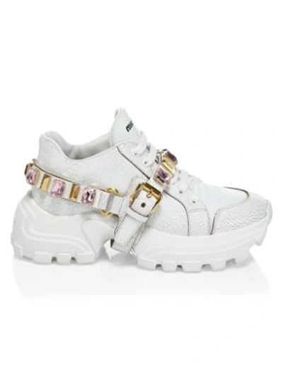 Shop Miu Miu Miu Monstar Jewelled Leather Sneakers In Bianco Rosa