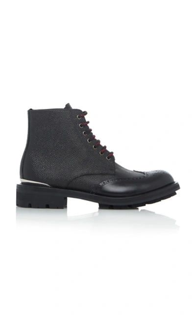 Shop Alexander Mcqueen Textured Leather Brogue Boots In Black
