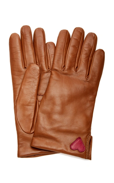 Shop Yestadt Millinery Amore Appliquéd Leather Gloves In Brown