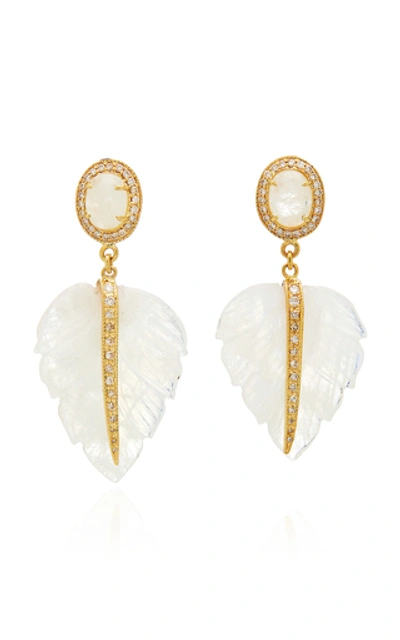 Shop Jacquie Aiche Pave Oval & Leaf Moonstone Earrings In Gold