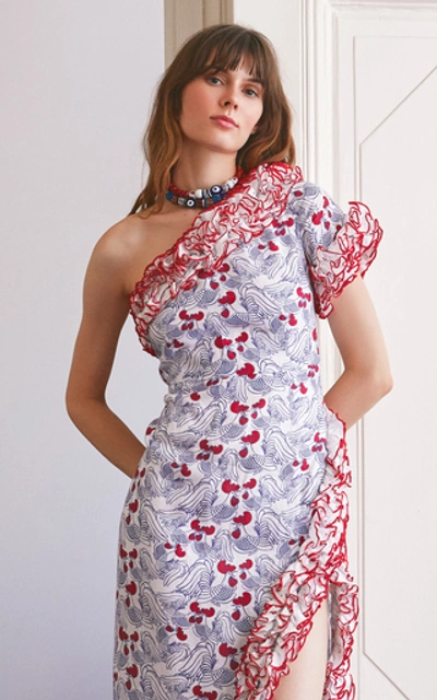 Shop Gül Hürgel One-shoulder Ruffled Floral-print Linen Midi Dress