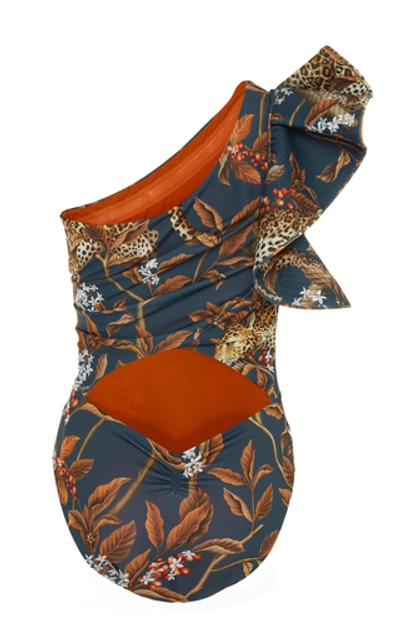 Shop Johanna Ortiz Indonesian Desire Printed One-shoulder One-piece Swimsui In Navy