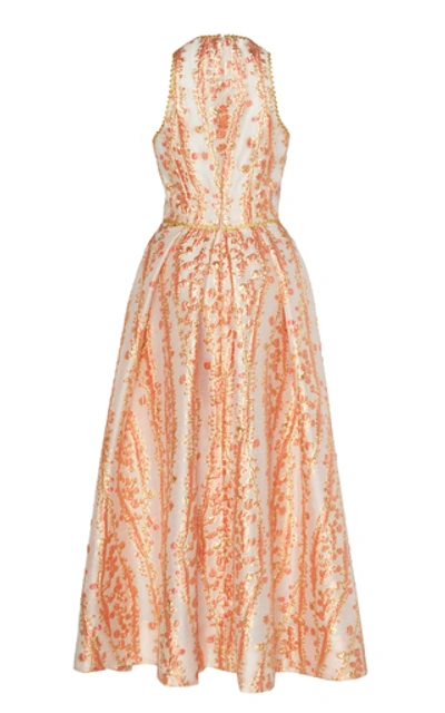 Shop Monique Lhuillier Metallic Jacquard-knit Tea-length Dress In Orange