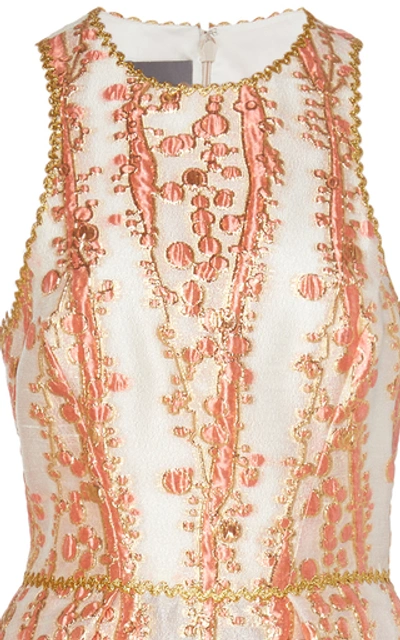 Shop Monique Lhuillier Metallic Jacquard-knit Tea-length Dress In Orange
