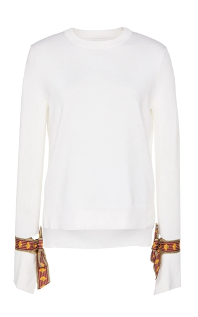Shop Oscar De La Renta Tie-detailed Wool And Silk-blend Sweater In White