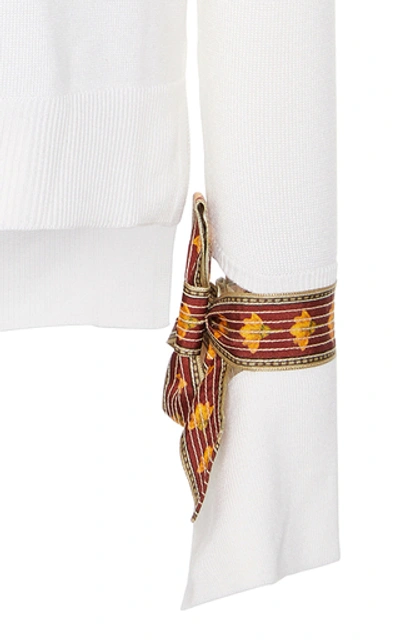 Shop Oscar De La Renta Tie-detailed Wool And Silk-blend Sweater In White