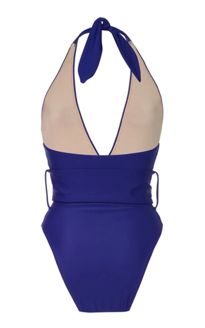 Shop Adriana Degreas Halterneck Belted Swimsuit In Blue