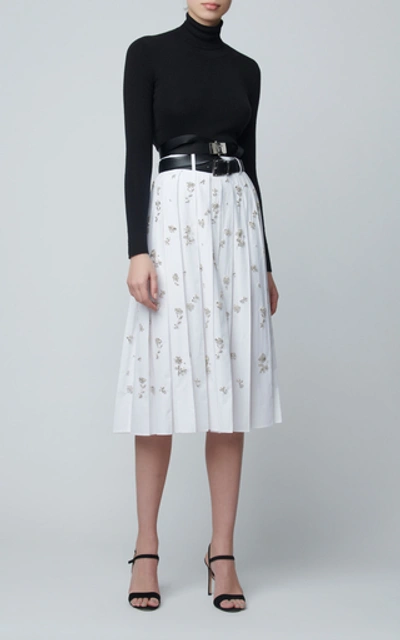 Shop Prada Pleated Embellished Poplin Midi Skirt In White