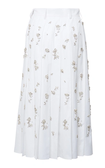 Shop Prada Pleated Embellished Poplin Midi Skirt In White