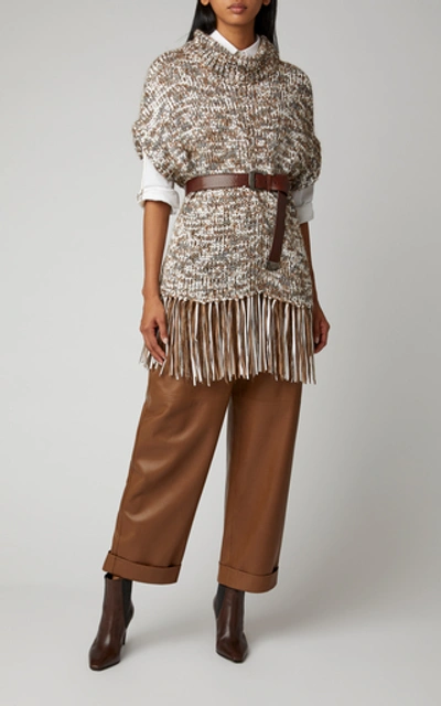 Shop Brunello Cucinelli Fringed Knit Turtleneck Poncho In Multi