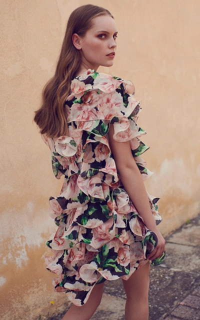 Shop Costarellos Ruffled One-shoulder Georgette Mini Dress In Multi