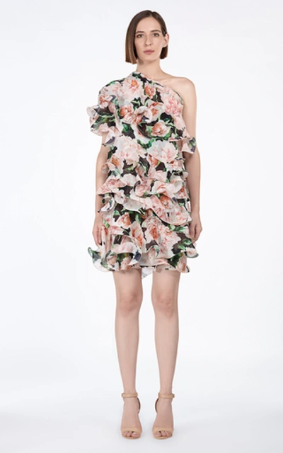 Shop Costarellos Ruffled One-shoulder Georgette Mini Dress In Multi
