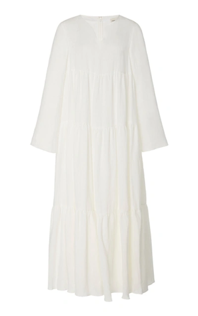 Shop Mansur Gavriel Tiered Linen Midi Dress In White