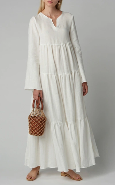 Shop Mansur Gavriel Tiered Linen Midi Dress In White