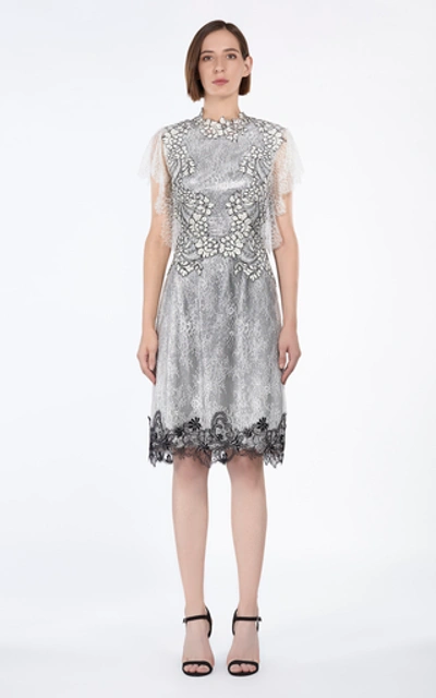 Shop Costarellos Sequin-embellished Chantilly Lace Dress In Metallic
