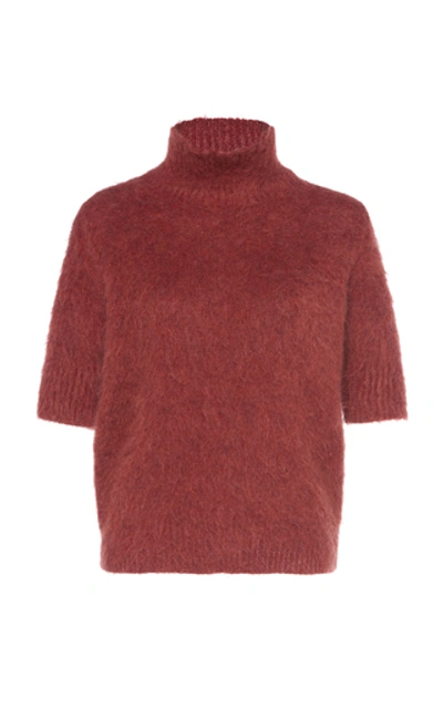 Shop Agnona Gauzed Mohair Wool Turtleneck Sweater In Red