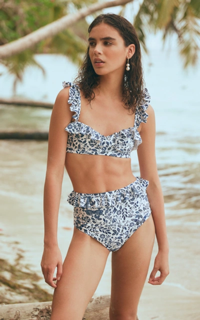 Shop Agua By Agua Bendita Margot Ruffled Floral-print Bikini Top