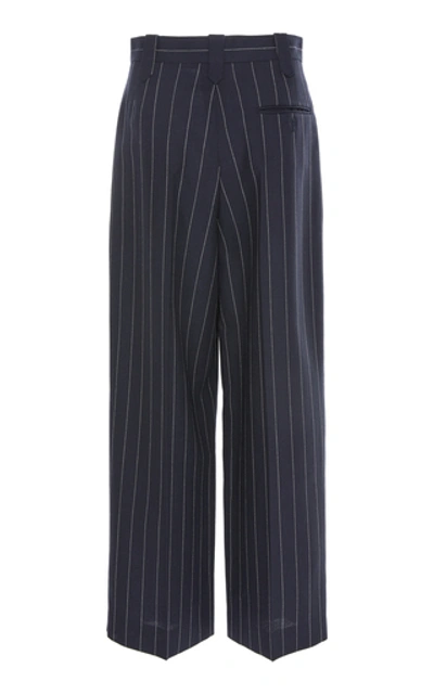 Shop Loewe Cropped Pinstripe Wool Wide-leg Pants In Navy