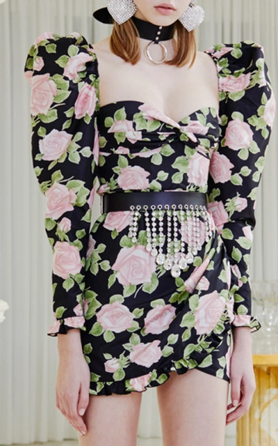 Shop Alessandra Rich Floral-print Silk-taffeta Mini Dress In Black