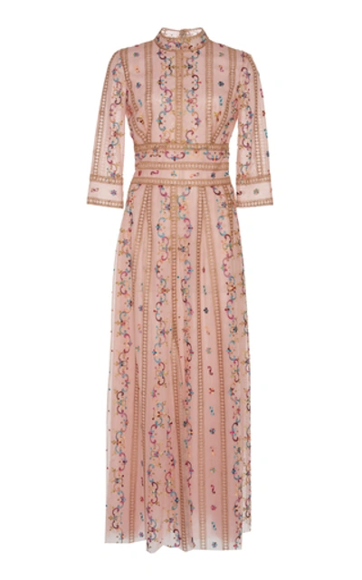 Shop Costarellos Floral-embroidered Tulle Midi Dress In Pink