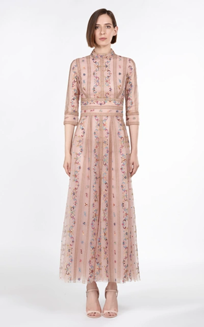 Shop Costarellos Floral-embroidered Tulle Midi Dress In Pink