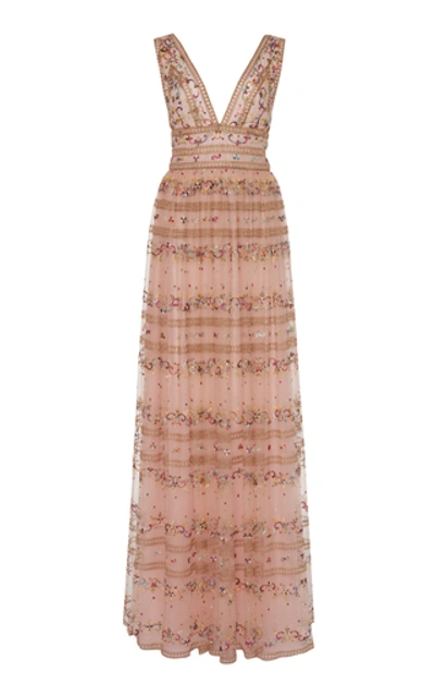 Shop Costarellos Floral-embroidered Tulle Dress In Pink