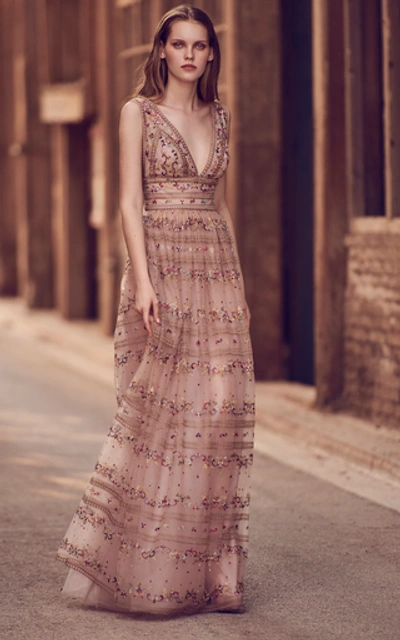 Shop Costarellos Floral-embroidered Tulle Dress In Pink