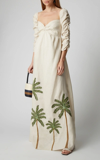 Shop Agua By Agua Bendita America Palm-detailed Linen Dress In Neutral