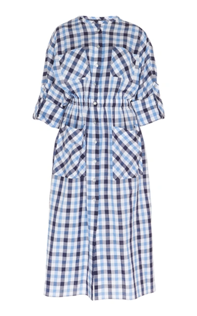 Shop Martin Grant Checked Cotton-linen Midi Shirt Dress In Multi