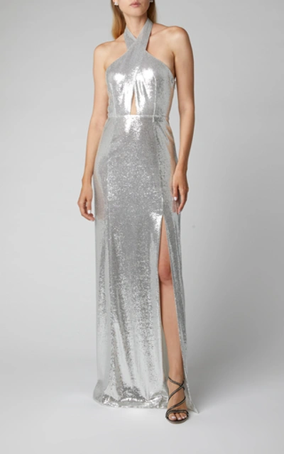 Shop Galvan Galaxy Sequined Georgette Halterneck Gown In Silver