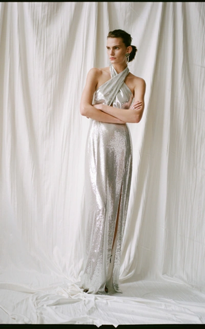Shop Galvan Galaxy Sequined Georgette Halterneck Gown In Silver