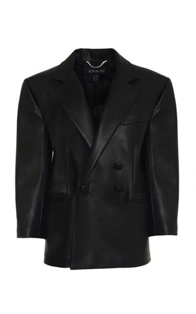 Shop Anouki Double-breasted Leather-effect Blazer In Black