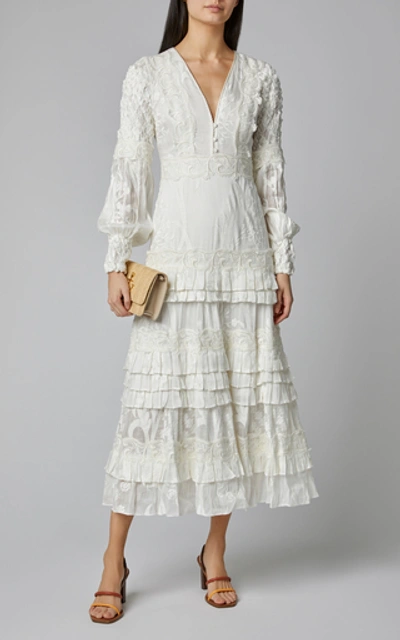 Shop Alexis Gallinda Tiered Linen And Silk Blend Midi Dress In White