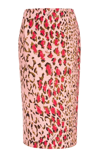 Shop Carolina Herrera High-waisted Leopard-print Cotton-blend Pencil Skirt In Pink