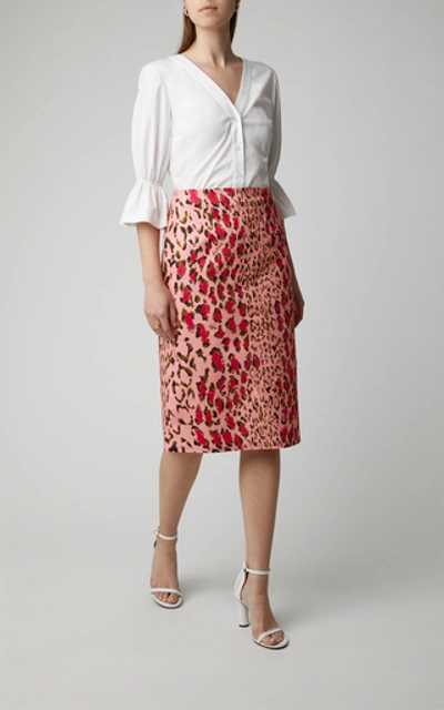 Shop Carolina Herrera High-waisted Leopard-print Cotton-blend Pencil Skirt In Pink
