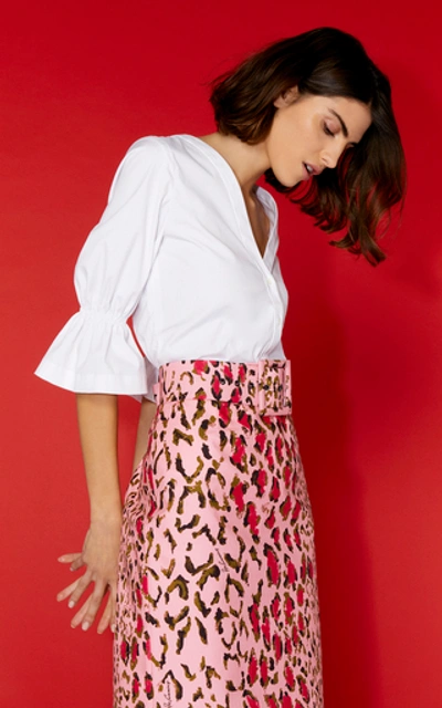 Shop Carolina Herrera High-waisted Leopard-print Cotton-blend Pencil Skirt In Pink