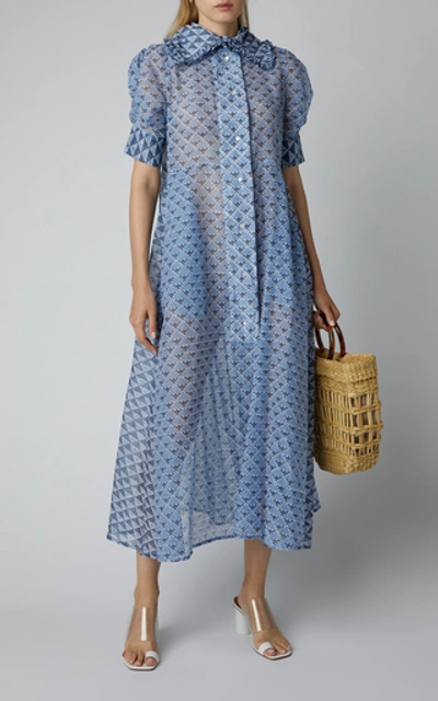 Shop Thierry Colson Tiffen Printed Cotton And Silk-blend Midi Dress In Blue
