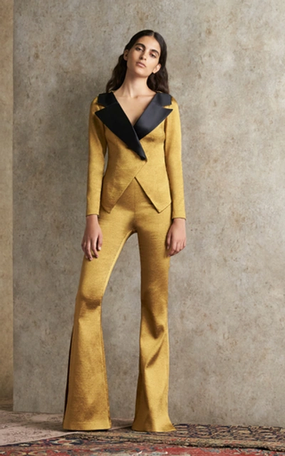 Shop Safiyaa Hallie Stretch Satin Flared Trousers In Yellow