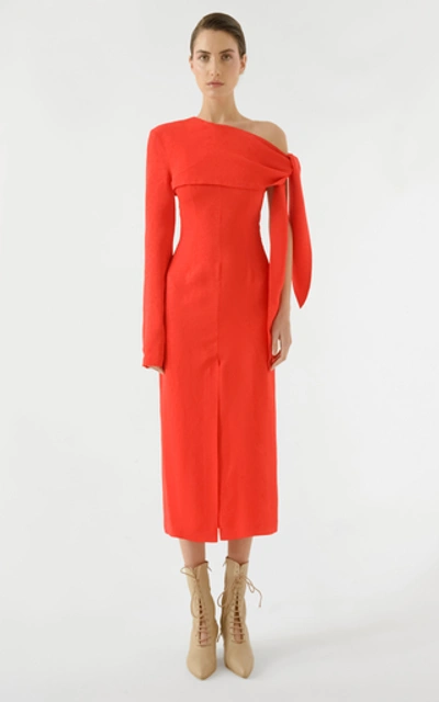 Shop Materiel Open Shoulder Wool Dress In Red