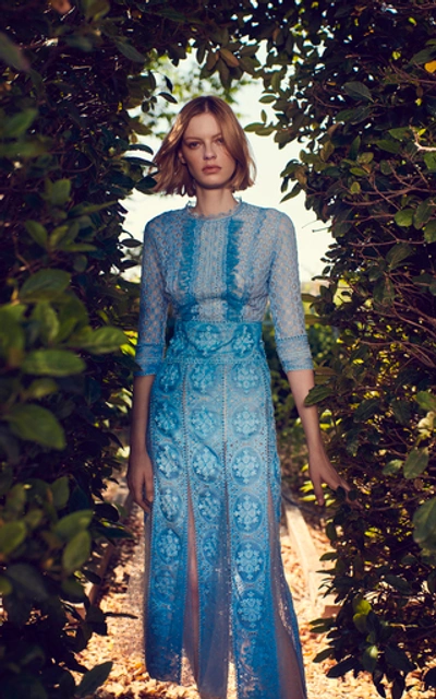 Shop Costarellos Pleated Lace Midi Dress In Blue