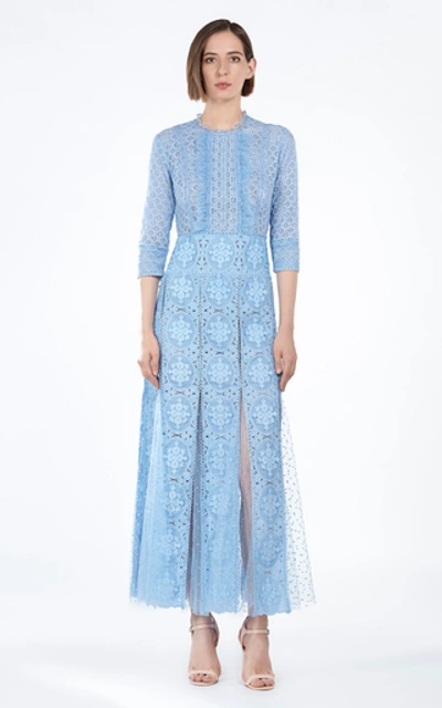 Shop Costarellos Pleated Lace Midi Dress In Blue