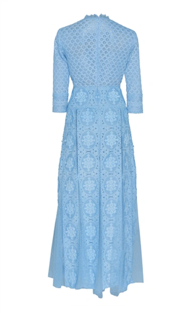 Shop Costarellos Pleated Lace Midi Dress In Blue