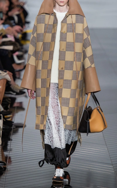 Shop Loewe Oversized Checkered Leather-trimmed Coat In Neutral