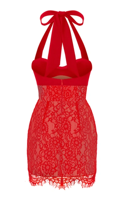 Shop Rasario Stretch-crepe And Lace Halterneck Mini Dress In Red