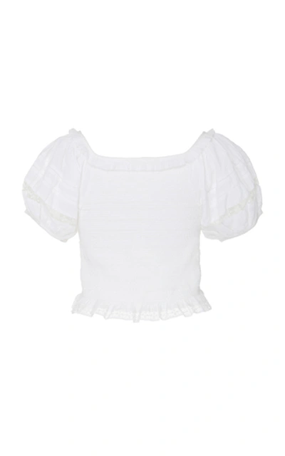 Shop Loveshackfancy Molly Smocked Shirred Cropped Cotton Top In White