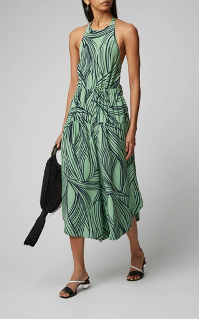 Shop Tibi Printed Halterneck Silk Jumpsuit In Green