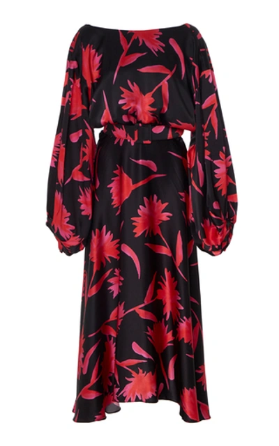 Shop Saloni Kim-b Belted Floral-print Silk Midi Dress In Black