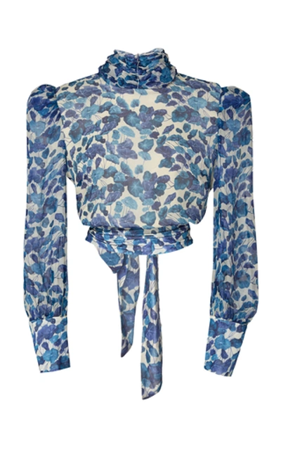 Shop Adriana Degreas Cropped Silk Chiffon Blouse In Blue